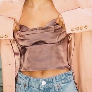 Zara Satin Bandeau Strapless Corset Top Metalic brown champagne color